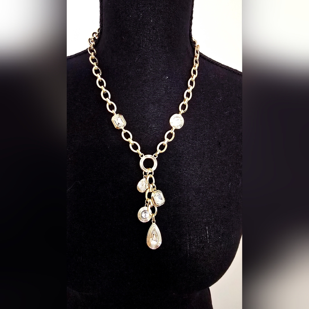 Gold Tone Statement Necklace Crystal Charm Drop Chunky Chain Adjustable